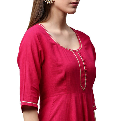 Pink 3/4Th Sleeve Cotton Slub Anarkali Kurta With Pink Flared Palazzo | LASVINI - Redefining Indian Fashion with Elegance
