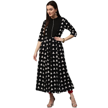Black Printed 3/4Th Sleeve Cotton Anarkali Kurta | LASVINI - Redefining Indian Fashion with Elegance