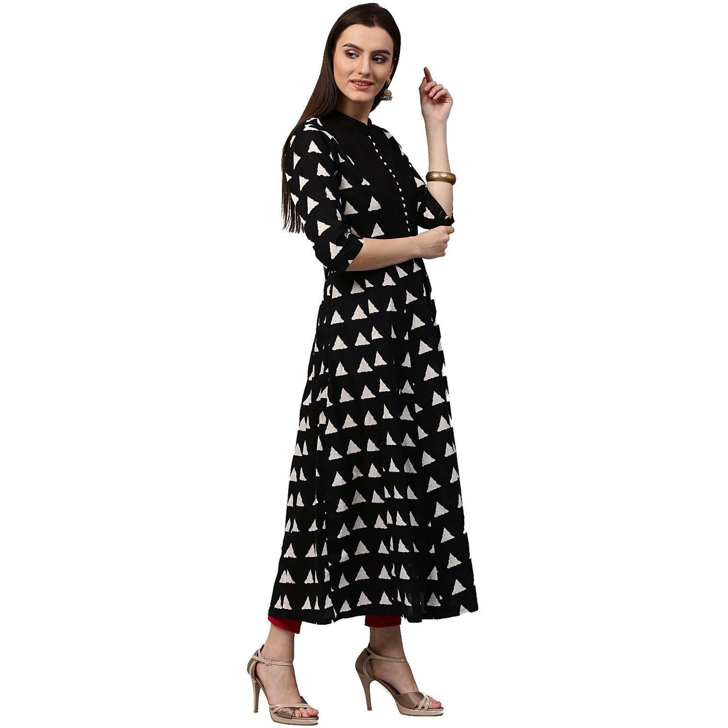 Black Printed 3/4Th Sleeve Cotton Anarkali Kurta | LASVINI - Redefining Indian Fashion with Elegance