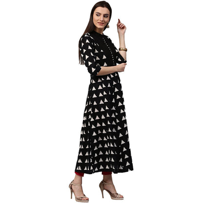 Black Printed 3/4Th Sleeve Cotton Anarkali Kurta | LASVINI - Redefining Indian Fashion with Elegance