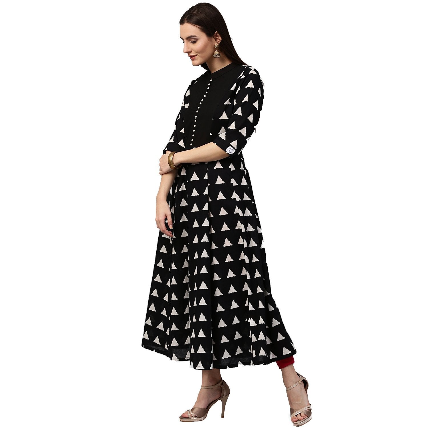 Black Printed 3/4Th Sleeve Cotton Anarkali Kurta | LASVINI - Redefining Indian Fashion with Elegance
