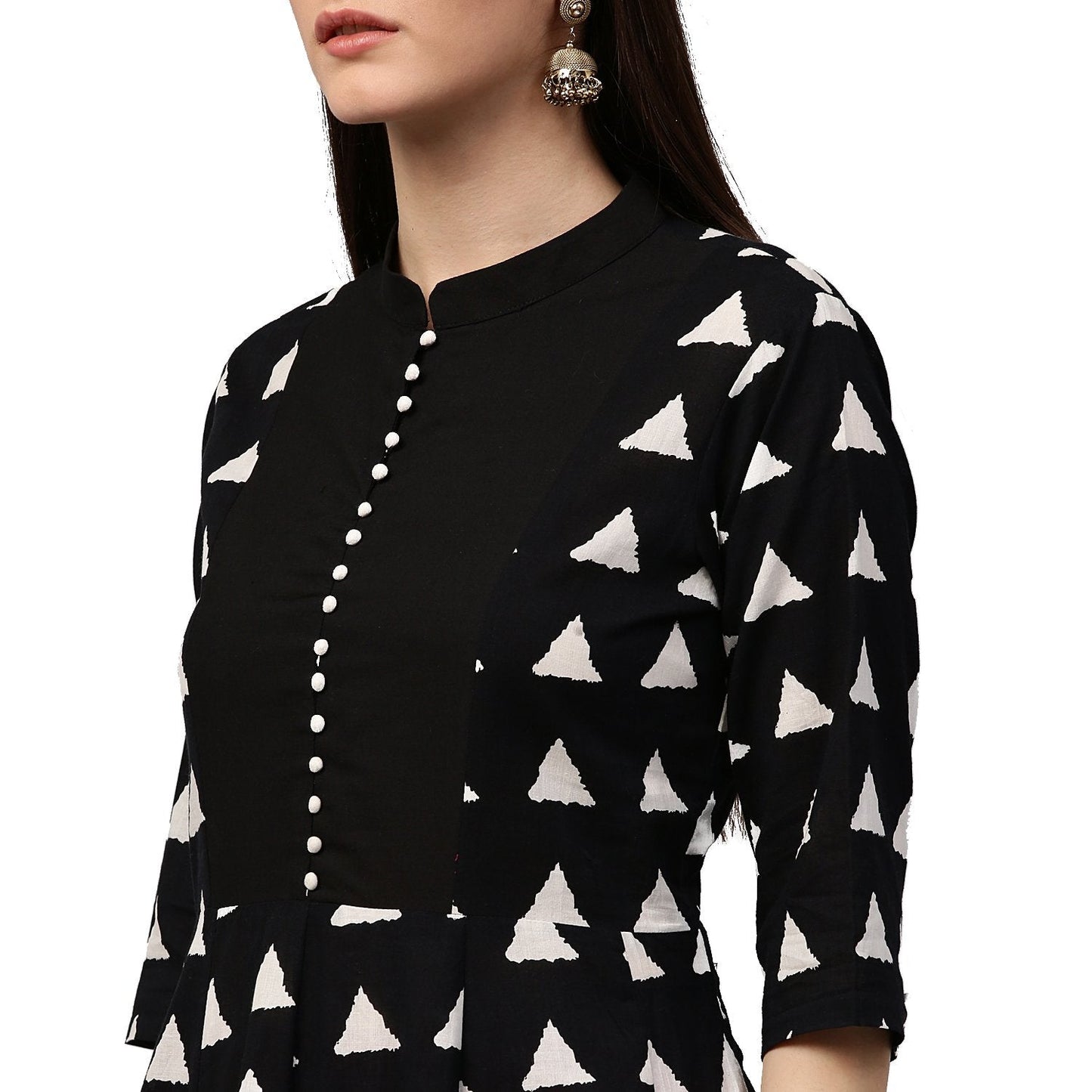 Black Printed 3/4Th Sleeve Cotton Anarkali Kurta | LASVINI - Redefining Indian Fashion with Elegance