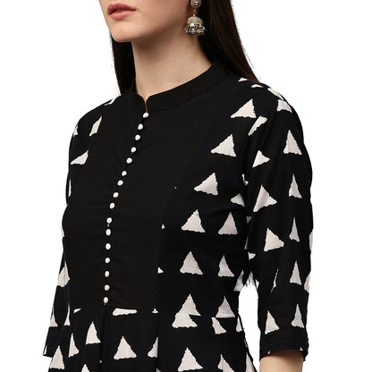 Black Printed 3/4Th Sleeve Cotton Anarkali Kurta | LASVINI - Redefining Indian Fashion with Elegance