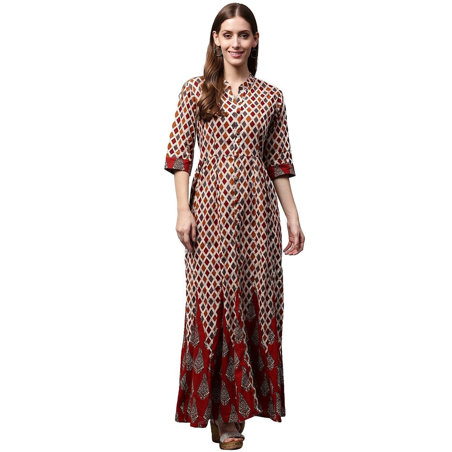 Multi Printed Half Sleeve Cotton Long Anarkali Kurta | LASVINI - Redefining Indian Fashion with Elegance