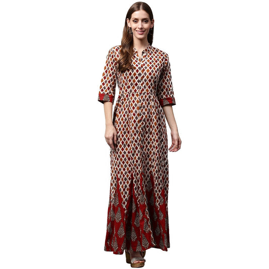 Multi Printed Half Sleeve Cotton Long Anarkali Kurta | LASVINI - Redefining Indian Fashion with Elegance