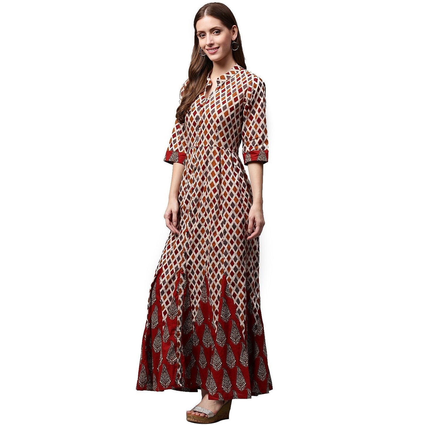 Multi Printed Half Sleeve Cotton Long Anarkali Kurta | LASVINI - Redefining Indian Fashion with Elegance