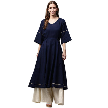 Navy Blue 3/4Th Sleeve Cotton Slub Anarkali Kurta | LASVINI - Redefining Indian Fashion with Elegance
