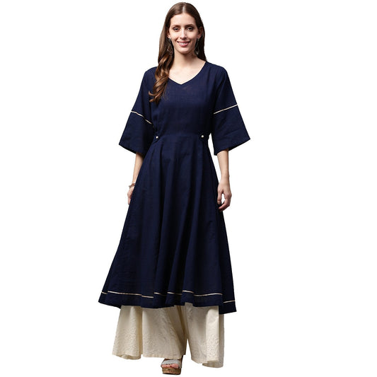 Navy Blue 3/4Th Sleeve Cotton Slub Anarkali Kurta | LASVINI - Redefining Indian Fashion with Elegance