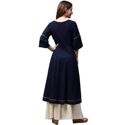 Navy Blue 3/4Th Sleeve Cotton Slub Anarkali Kurta | LASVINI - Redefining Indian Fashion with Elegance