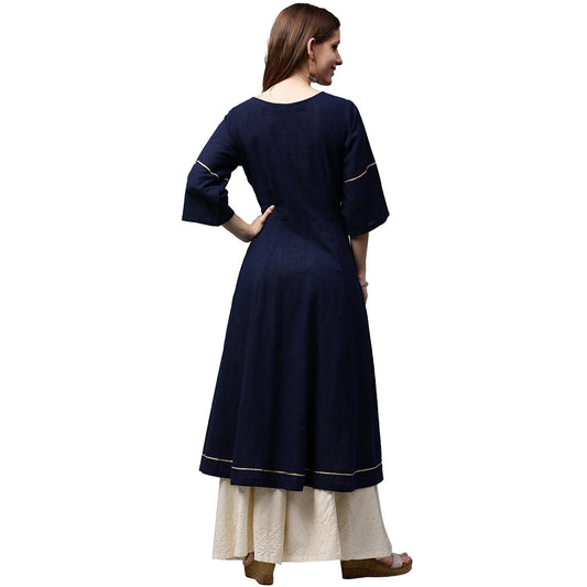 Navy Blue 3/4Th Sleeve Cotton Slub Anarkali Kurta | LASVINI - Redefining Indian Fashion with Elegance