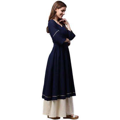 Navy Blue 3/4Th Sleeve Cotton Slub Anarkali Kurta | LASVINI - Redefining Indian Fashion with Elegance
