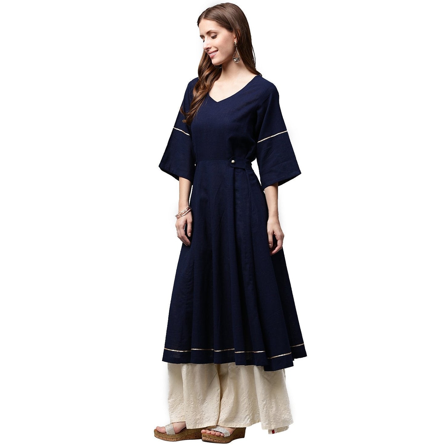 Navy Blue 3/4Th Sleeve Cotton Slub Anarkali Kurta | LASVINI - Redefining Indian Fashion with Elegance