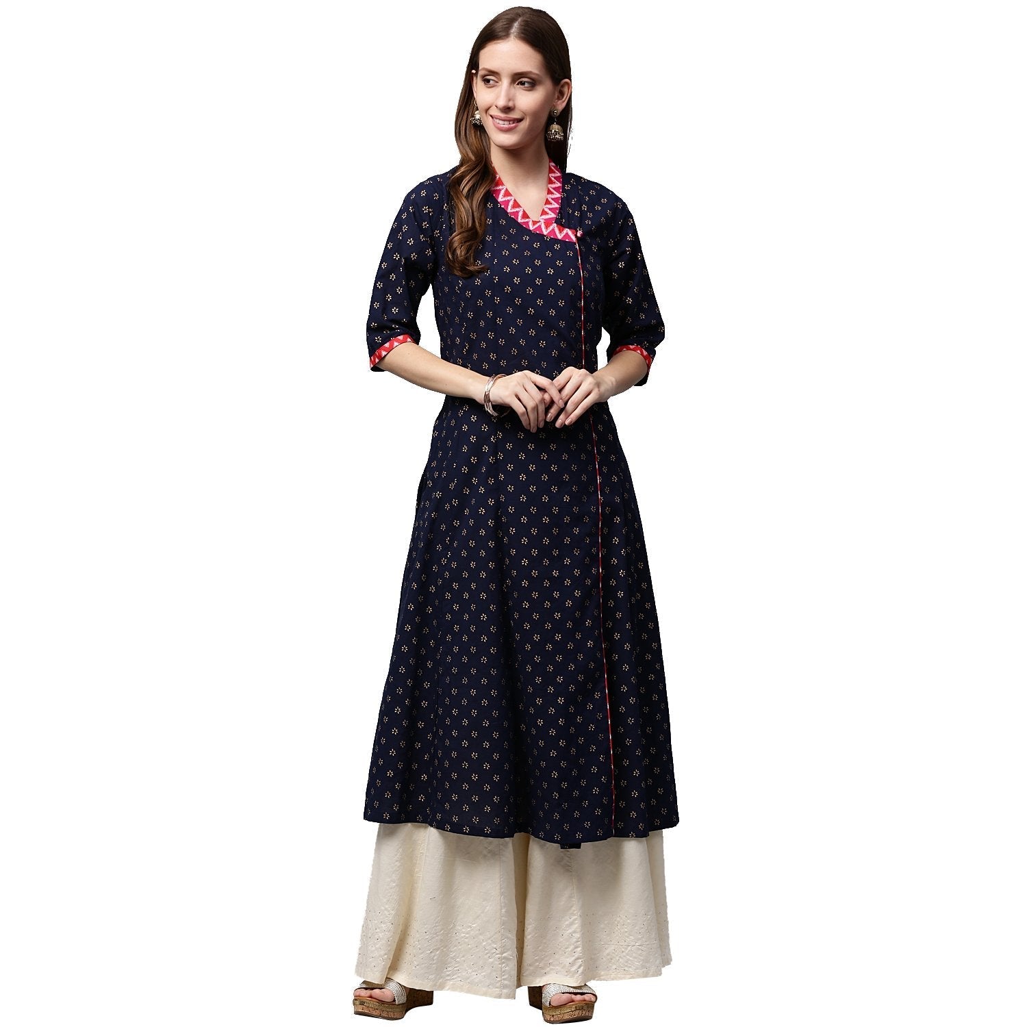 Navy Blue Printed 3/4Th Sleeve Cotton Anghrakha Style Anarkali Kurta | LASVINI - Redefining Indian Fashion with Elegance