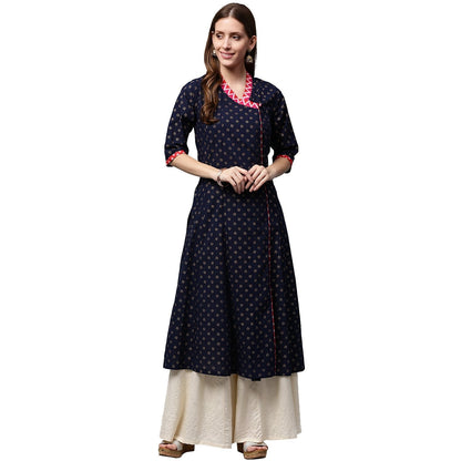 Navy Blue Printed 3/4Th Sleeve Cotton Anghrakha Style Anarkali Kurta | LASVINI - Redefining Indian Fashion with Elegance
