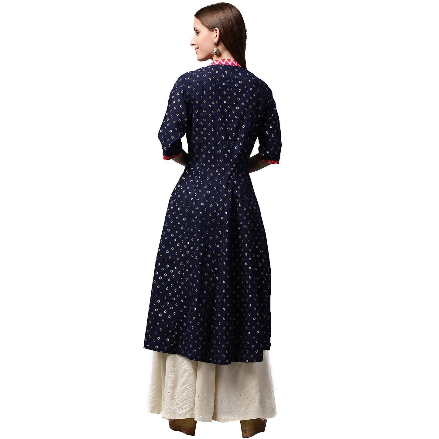 Navy Blue Printed 3/4Th Sleeve Cotton Anghrakha Style Anarkali Kurta | LASVINI - Redefining Indian Fashion with Elegance