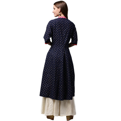 Navy Blue Printed 3/4Th Sleeve Cotton Anghrakha Style Anarkali Kurta | LASVINI - Redefining Indian Fashion with Elegance