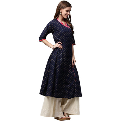 Navy Blue Printed 3/4Th Sleeve Cotton Anghrakha Style Anarkali Kurta | LASVINI - Redefining Indian Fashion with Elegance