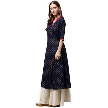 Navy Blue Printed 3/4Th Sleeve Cotton Anghrakha Style Anarkali Kurta | LASVINI - Redefining Indian Fashion with Elegance