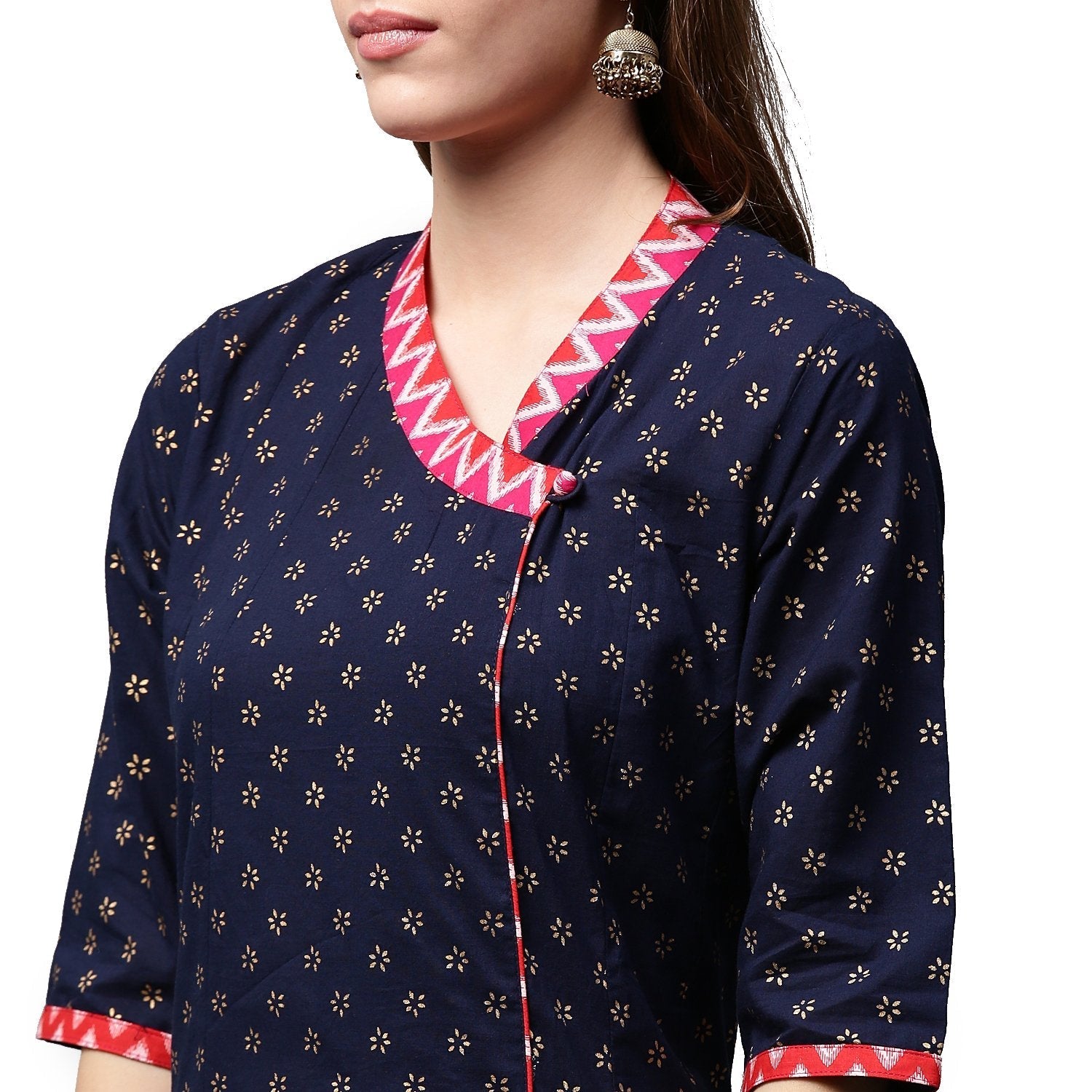 Navy Blue Printed 3/4Th Sleeve Cotton Anghrakha Style Anarkali Kurta | LASVINI - Redefining Indian Fashion with Elegance