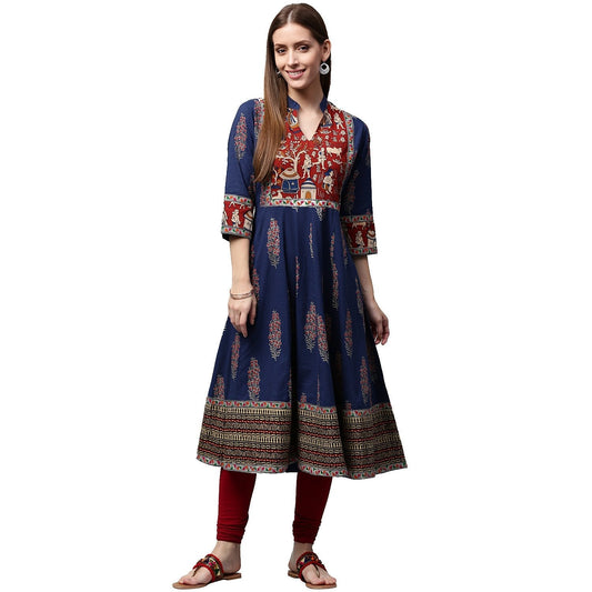 Blue Printed 3/4Th Sleeve Cotton Anarkali Kurta | LASVINI - Redefining Indian Fashion with Elegance