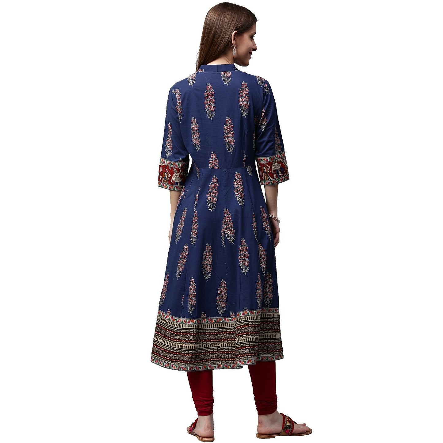 Blue Printed 3/4Th Sleeve Cotton Anarkali Kurta | LASVINI - Redefining Indian Fashion with Elegance