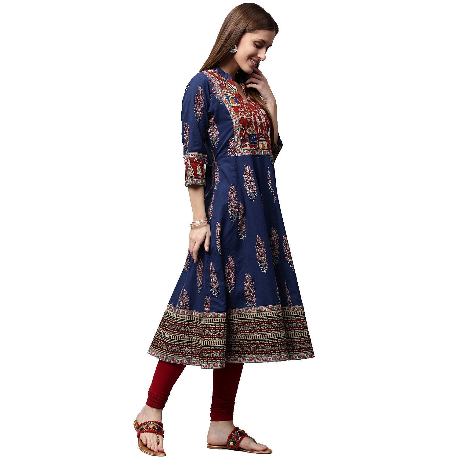 Blue Printed 3/4Th Sleeve Cotton Anarkali Kurta | LASVINI - Redefining Indian Fashion with Elegance