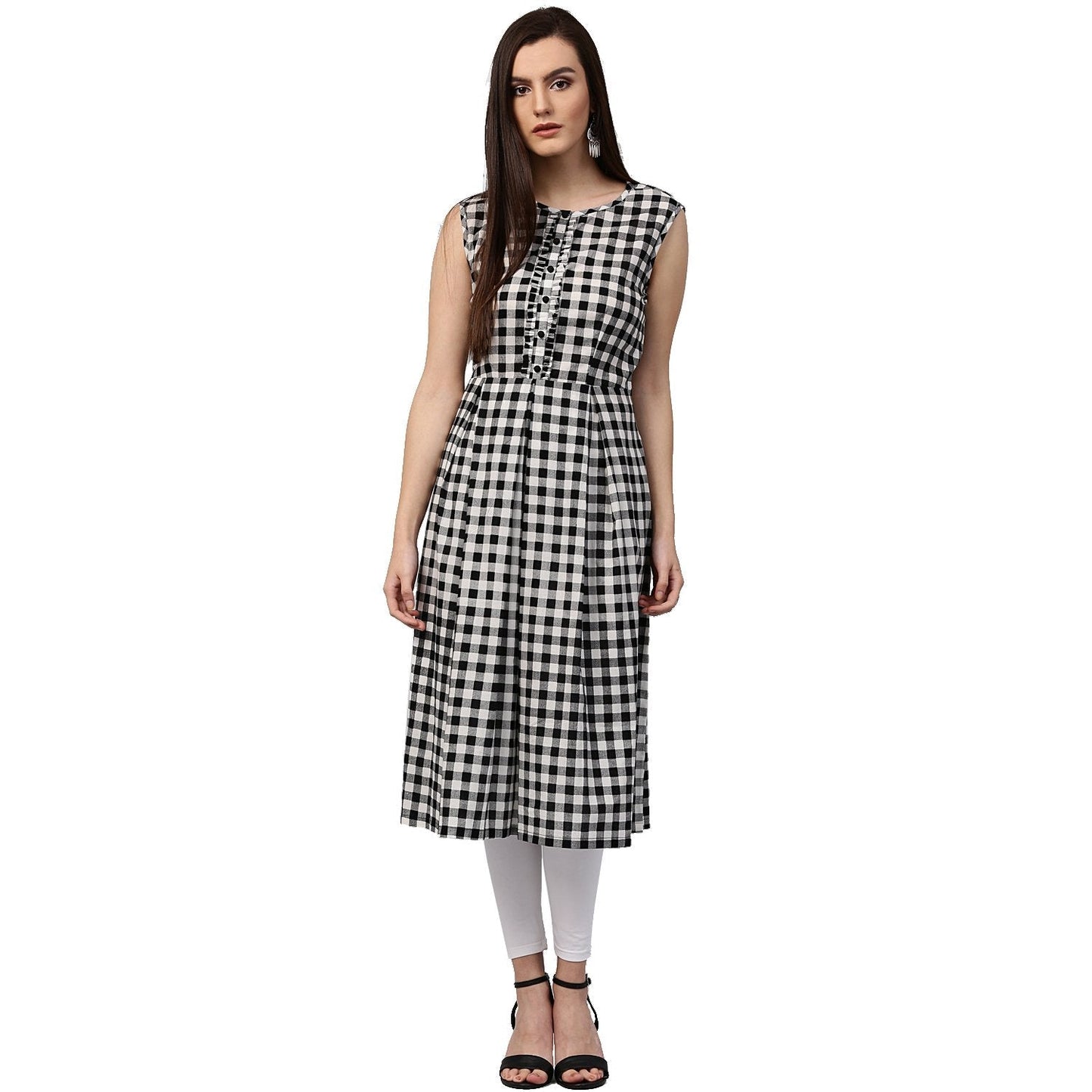 Black Printed Sleeveless Cotton A-Line Kurta | LASVINI - Redefining Indian Fashion with Elegance