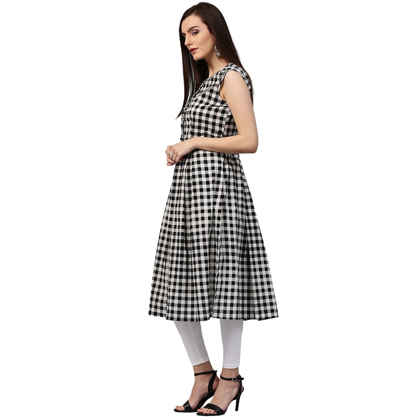 Black Printed Sleeveless Cotton A-Line Kurta | LASVINI - Redefining Indian Fashion with Elegance