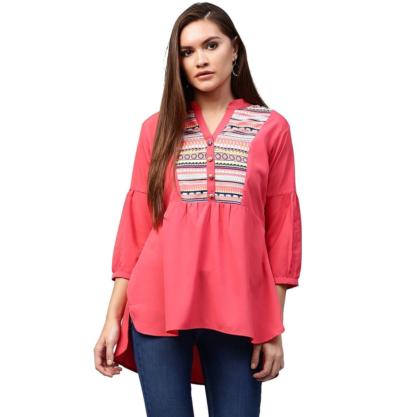 Peach 3/4Th Sleeve Crepe Low High Tunic With Printed Yoke | LASVINI - Redefining Indian Fashion with Elegance