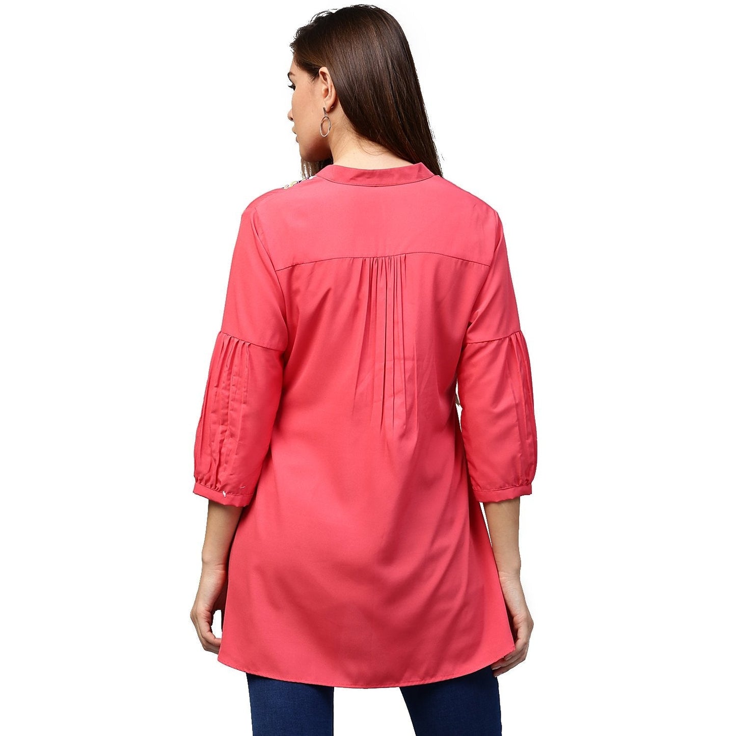 Peach 3/4Th Sleeve Crepe Low High Tunic With Printed Yoke | LASVINI - Redefining Indian Fashion with Elegance