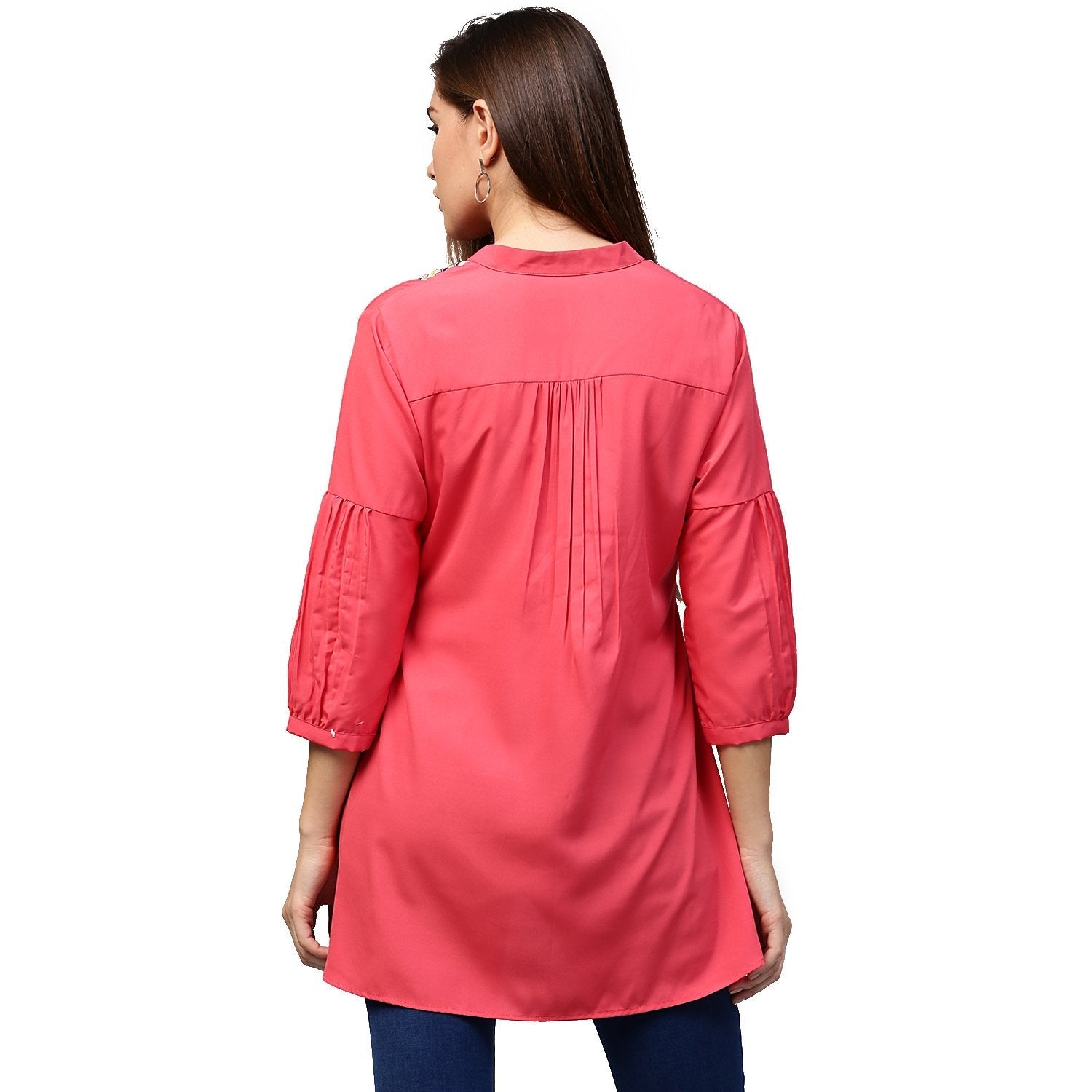 Peach 3/4Th Sleeve Crepe Low High Tunic With Printed Yoke | LASVINI - Redefining Indian Fashion with Elegance