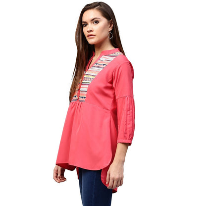 Peach 3/4Th Sleeve Crepe Low High Tunic With Printed Yoke | LASVINI - Redefining Indian Fashion with Elegance
