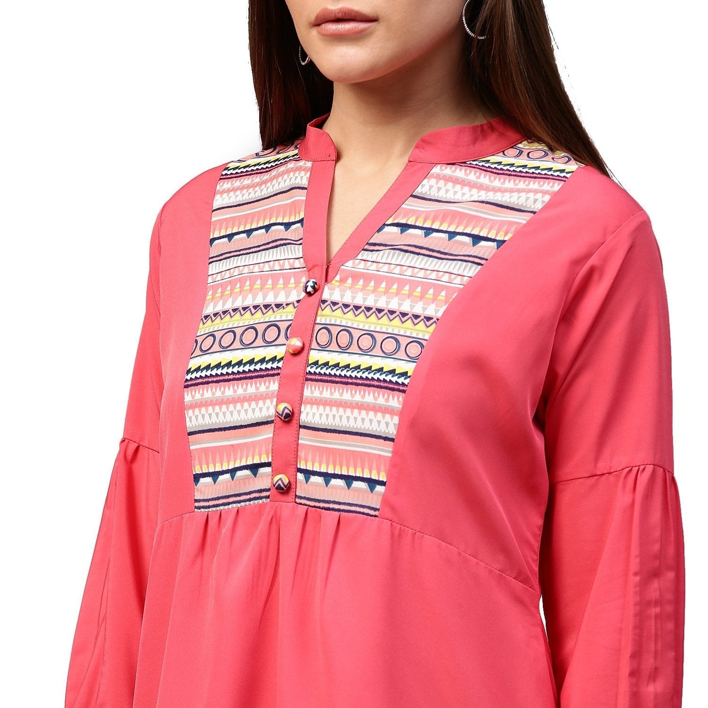 Peach 3/4Th Sleeve Crepe Low High Tunic With Printed Yoke | LASVINI - Redefining Indian Fashion with Elegance