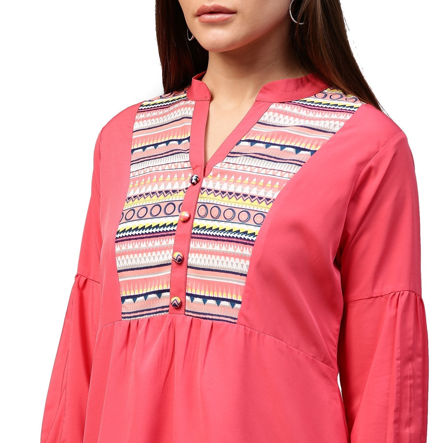 Peach 3/4Th Sleeve Crepe Low High Tunic With Printed Yoke | LASVINI - Redefining Indian Fashion with Elegance