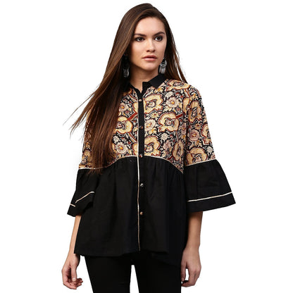 Black Printed 3/4Th Sleeve Cotton Flared Tunic | LASVINI - Redefining Indian Fashion with Elegance