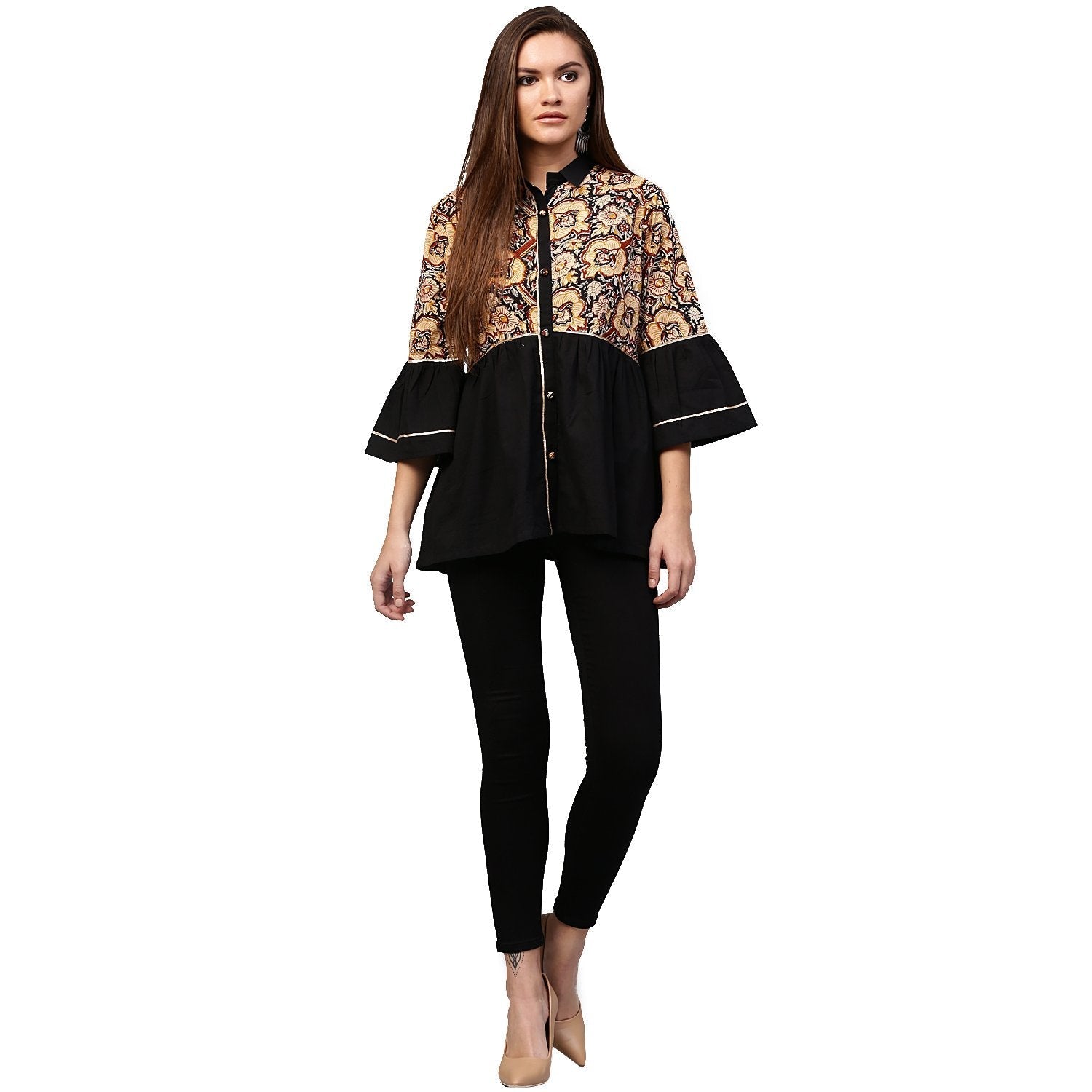 Black Printed 3/4Th Sleeve Cotton Flared Tunic | LASVINI - Redefining Indian Fashion with Elegance