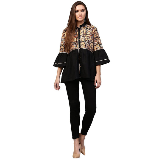 Black Printed 3/4Th Sleeve Cotton Flared Tunic | LASVINI - Redefining Indian Fashion with Elegance