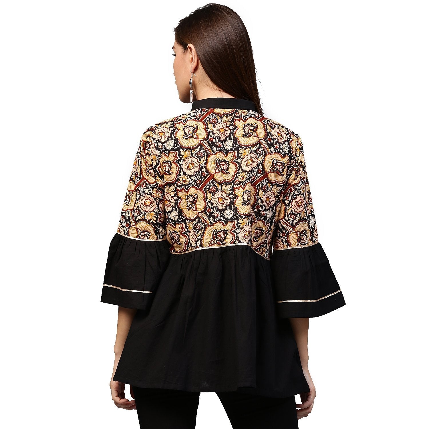 Black Printed 3/4Th Sleeve Cotton Flared Tunic | LASVINI - Redefining Indian Fashion with Elegance