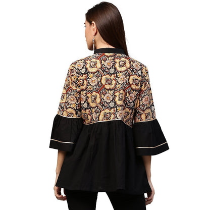 Black Printed 3/4Th Sleeve Cotton Flared Tunic | LASVINI - Redefining Indian Fashion with Elegance
