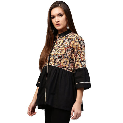 Black Printed 3/4Th Sleeve Cotton Flared Tunic | LASVINI - Redefining Indian Fashion with Elegance