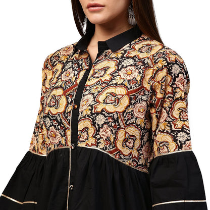 Black Printed 3/4Th Sleeve Cotton Flared Tunic | LASVINI - Redefining Indian Fashion with Elegance
