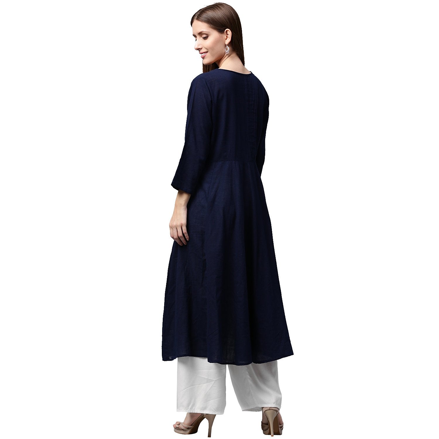 Navy Blue 3/4Th Sleeve Cotton Slub Anarkali Kurta | LASVINI - Redefining Indian Fashion with Elegance