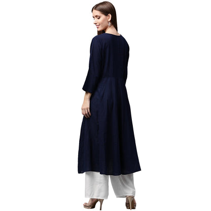Navy Blue 3/4Th Sleeve Cotton Slub Anarkali Kurta | LASVINI - Redefining Indian Fashion with Elegance