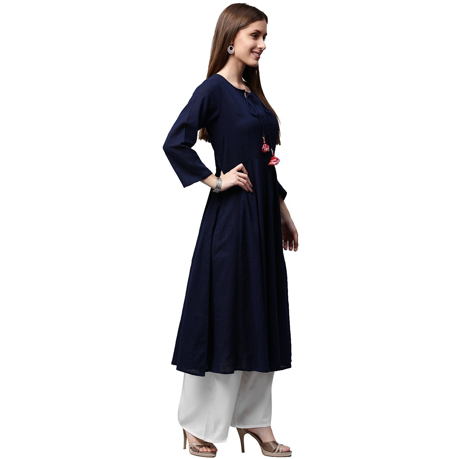 Navy Blue 3/4Th Sleeve Cotton Slub Anarkali Kurta | LASVINI - Redefining Indian Fashion with Elegance