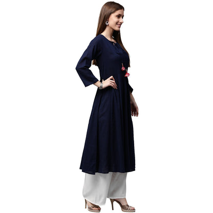 Navy Blue 3/4Th Sleeve Cotton Slub Anarkali Kurta | LASVINI - Redefining Indian Fashion with Elegance