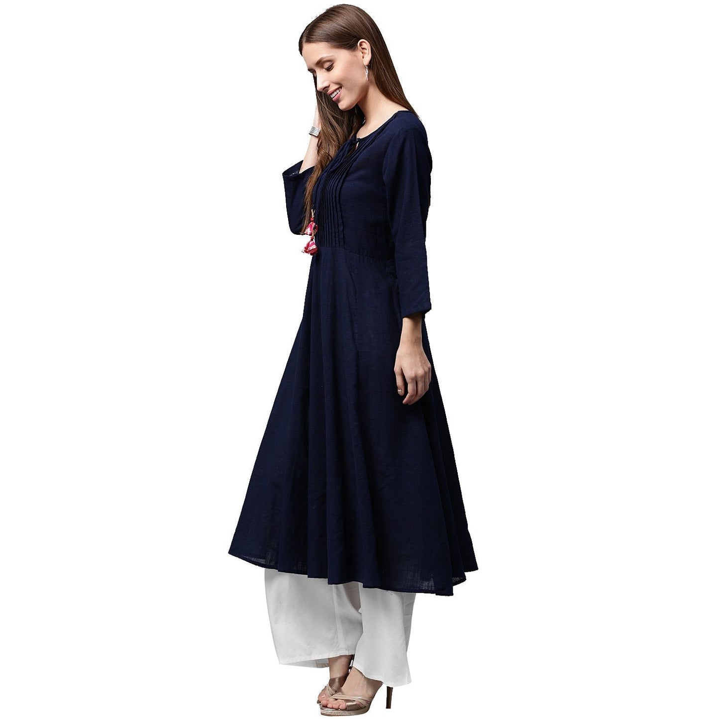 Navy Blue 3/4Th Sleeve Cotton Slub Anarkali Kurta | LASVINI - Redefining Indian Fashion with Elegance