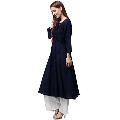 Navy Blue 3/4Th Sleeve Cotton Slub Anarkali Kurta | LASVINI - Redefining Indian Fashion with Elegance