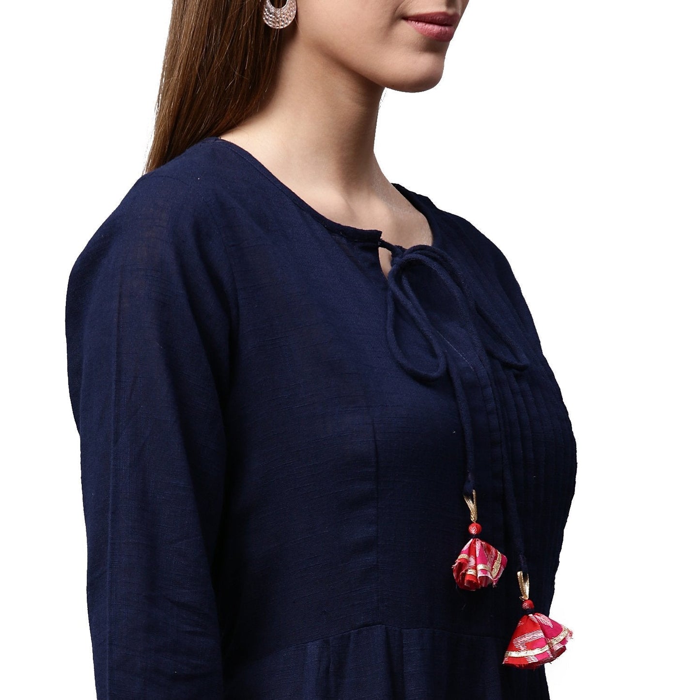 Navy Blue 3/4Th Sleeve Cotton Slub Anarkali Kurta | LASVINI - Redefining Indian Fashion with Elegance