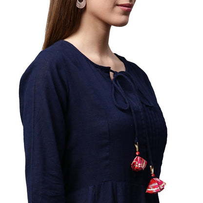 Navy Blue 3/4Th Sleeve Cotton Slub Anarkali Kurta | LASVINI - Redefining Indian Fashion with Elegance