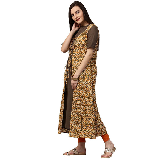Dark Green Half Sleeve Cotton Kurta With Yellow Printed Floor Length Jacket | LASVINI - Redefining Indian Fashion with Elegance